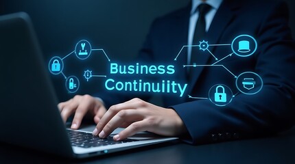 Business continuity management concept. Business Continuity with icons strategy, risk assessment, and operational planning. business professional engrossed in their work