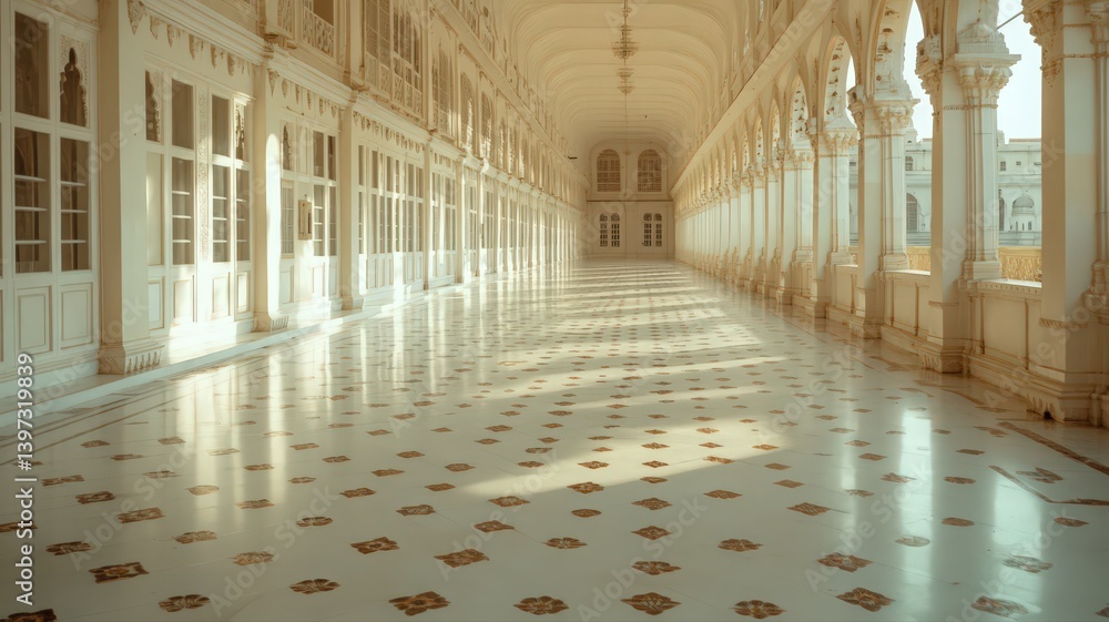 Poster sunlit hallway with ornate columns and patterned floor tiles