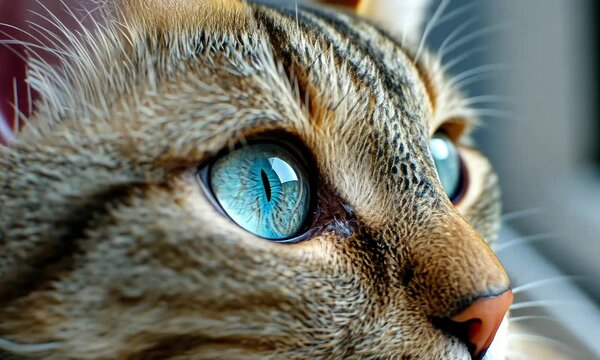 Extreme closeup of a cat&rsquo;s face focusing on its striking blue eyes and detailed fur texture, capturing a sharp and intense feline gaze.

