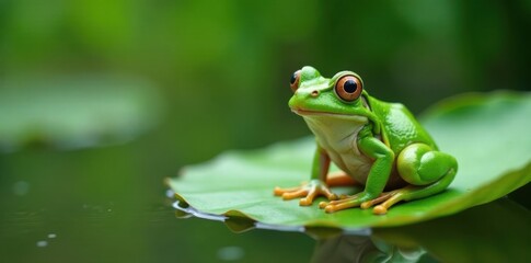 Naklejka premium funny green frog perched on a lily pad , outdoor, lilypad
