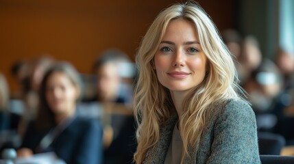 Blond woman smiles amid a crowd, wearing professional attire at a conference or meeting