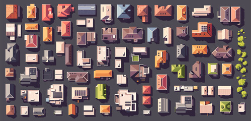 Top view city set with different houses, buildings, trees. Vector illustration eps10. Realistic landscape builder. Cartoon flat style. View from above. Roofs with solar panels. © Ihor
