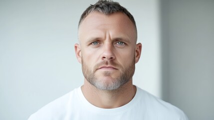 Fototapeta premium A serious middle-aged man with short hair looking directly at the camera, standing indoors against a plain white background, and close-up portrait.