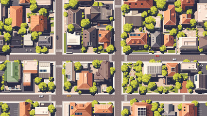 Seamless pattern. Top view of the city with different houses, buildings, yards. Roads with cars. Vector illustration eps10. Realistic landscape. Cartoon flat style. View from above.