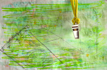 soccer tactics scribble on grungy green background  and whistle of soccer referee or trainer. Great soccer event this year.Free copy space