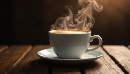 Frothy coffee floats above cup smoke rises, silhouette smoke, cup and saucer