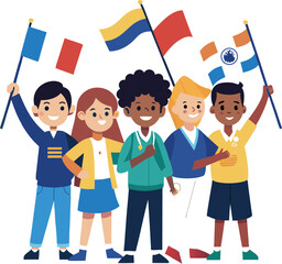 Students from different races with flags