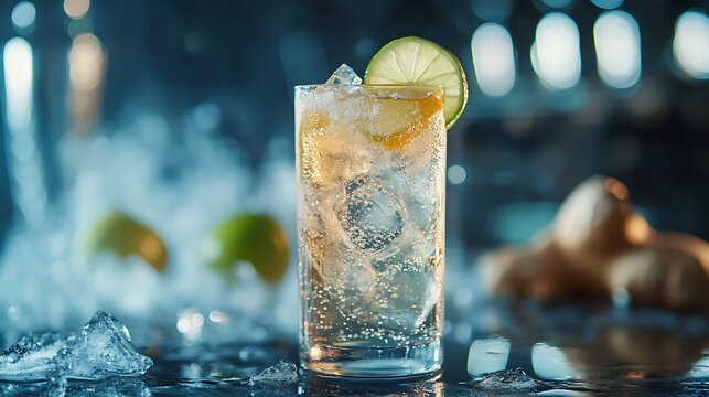 refreshing cocktail with ginger beer and lime over ice representing cold citrus beverage perfect for summer parties bar menus and cool drink enjoyment
