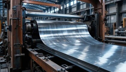 Metallic Sheet Production: Industrial Press Rolling Steel in Factory Interior.