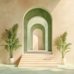 Fototapeta premium Minimalist Interior Archways with Palm Plants, Aesthetic Design for Backgrounds, Architecture and Decor Concept