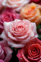 A close-up of colorful roses with water droplets
