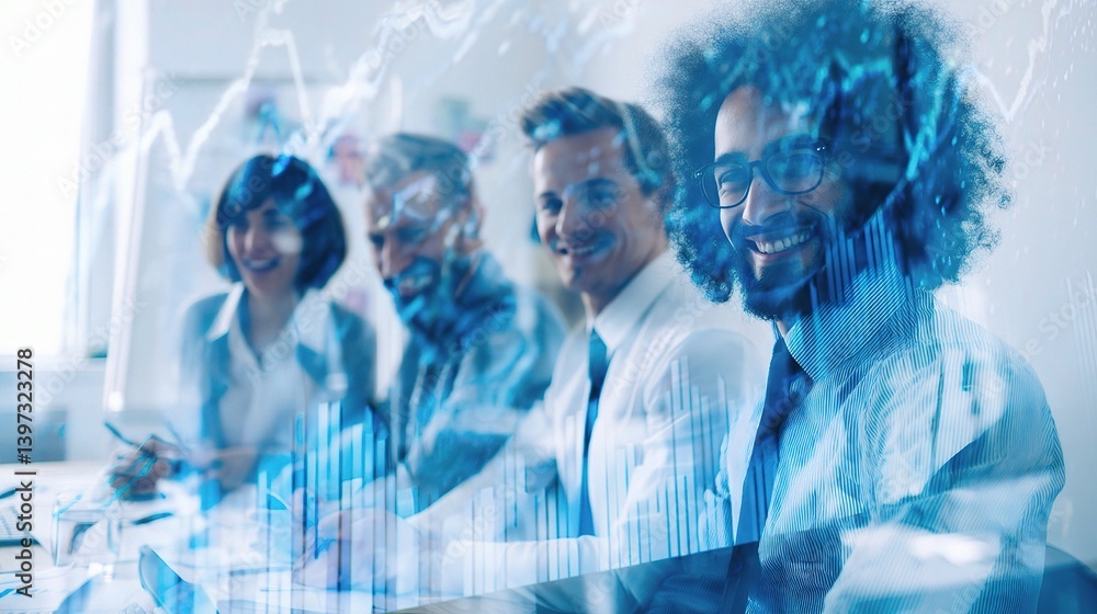 Poster smiling business team at office meeting with graphs and charts overlay