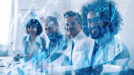 Smiling Business Team at Office Meeting with Graphs and Charts Overlay