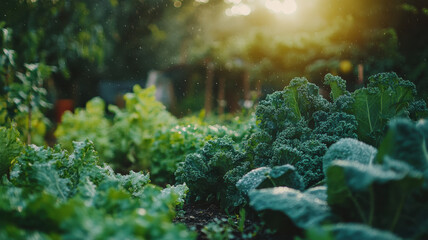 An organic vegetable garden with thriving rows of lettuce, kale, and herbs under the soft light of dawn, with dewdrops visible on the leaves