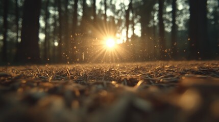 Sunlight filtering through a pine forest.  Sunlight piercing through the canopy, illuminating forest floor, creating a beautiful golden glow.  Particles of dust or debris in the air