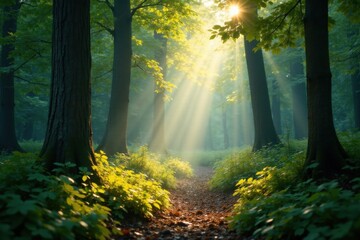 Forest rays sunlight filtering through leaves, forest floor, green forest, sunlight filter