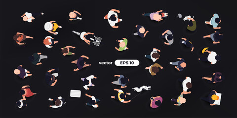 Top view of people set isolated. Men and women. View from above. Vector illustration. Male and female characters. Simple flat style design. Realistic silhouettes.