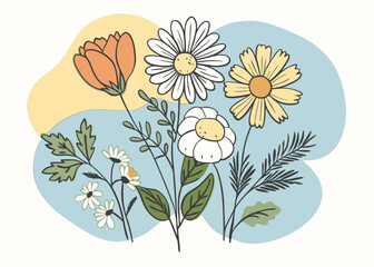 Hand Drawn Floral Illustration. Daisies and Wildflowers