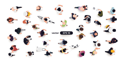 Top view of people set isolated. Men and women. View from above. Vector illustration. Male and female characters. Simple flat style design. Realistic silhouettes.