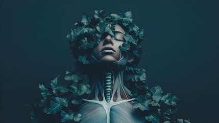 Human Body Surrounded by Green Leaves in Artistic Representation