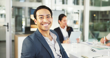 Portrait, business and man in office, meeting and smile with confidence, accounting and career ambition. People, employees and financial advisor in workplace, pride and happiness with expert or joy