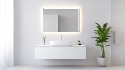 Fototapeta premium Modern, minimalist bathroom vanity with illuminated mirror