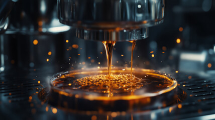 Clear droplets of rich espresso flowing from an espresso machine