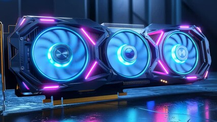 A high-performance computer graphics card with three cooling fans illuminated by blue and pink LED lights, suggesting it's designed for gaming or professional graphics work.