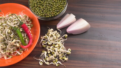 Close up of pile of sprouted seeds of green gram or moong.