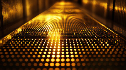 A glowing grid pattern illuminates a long narrow metallic corridor creating a futuristic and abstract technological background perfect for digital art or design projects.