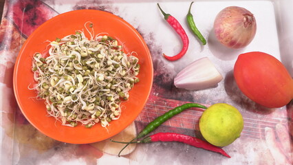 Close up of pile of sprouted seeds of green gram or moong.