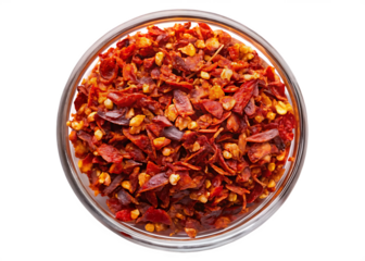 Close up of a bowl filled with crushed red pepper flakes on black background on transparent background