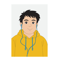 Happy Young Man in Yellow Hoodie Listening to Music Flat Vector Illustration. Relaxed Guy Enjoying Music with Earphones Casual Modern Vector Art. Youthful Male Character in Hoodie Listening to Music.