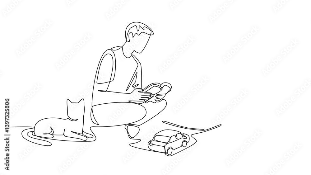 Poster animation of single continuous line drawing father sits on the floor with son and reads a book to hi