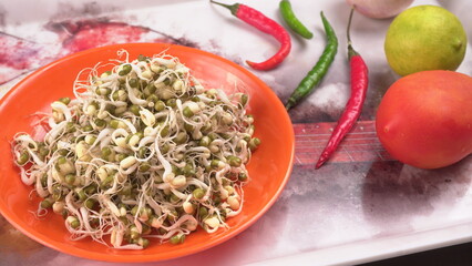 Close up of pile of sprouted seeds of green gram or moong.