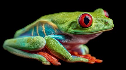 Obraz premium Red Eyed Tree Frog Sitting on Black Background Exotic Wildlife
