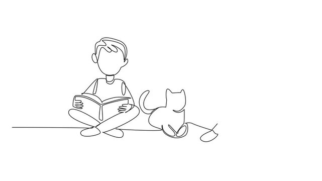 Animated self drawing of continuous one line drawing a boy and girl sitting cross legged on the floor and boy is reading a book to cat. The cat lover. National Pet Parents Day. Full length animation - Powered by Adobe
