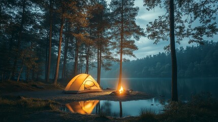 Lakeside camping tent glow & campfire near water, trees