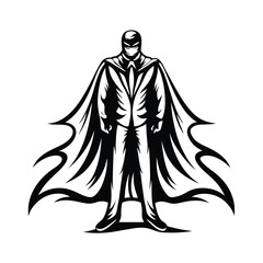 Silhouette Man Standing with Cape, Costume, Fantasy Hero in Black and White Style