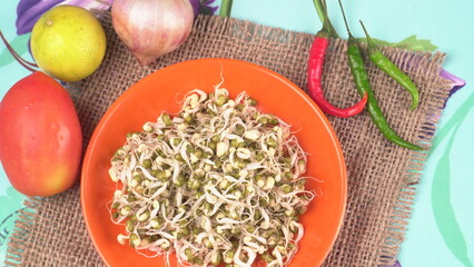 Close up of pile of sprouted seeds of green gram or moong.