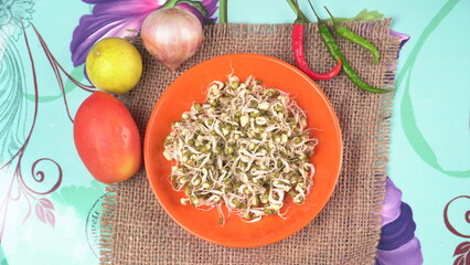 Close up of pile of sprouted seeds of green gram or moong.