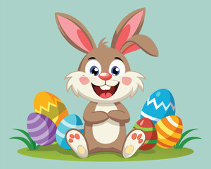 Happy Easter Bunny with Colorful Eggs