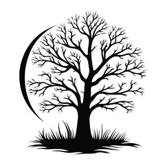 Obraz premium Silhouette of Bare Tree with Grass and Crescent Moon, Isolated on White Background