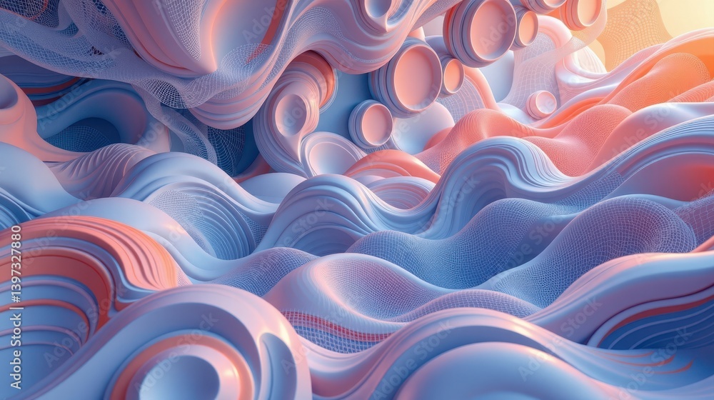 Poster a vibrant, abstract landscape featuring flowing waves with a blend of soft pink and blue hues, creat
