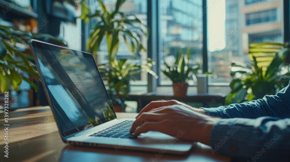 Poster A person is typing on a laptop at a wooden desk in a well-lit office space surrounded by vibrant indoor plants. Sunlight streams through large windows, creating a productive atmosphere.