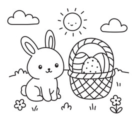 Easter coloring page with a rabbit on a meadow. Easter basket with Easter eggs. Black and white vector illustration.