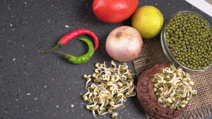 Close up of pile of sprouted seeds of green gram or moong.