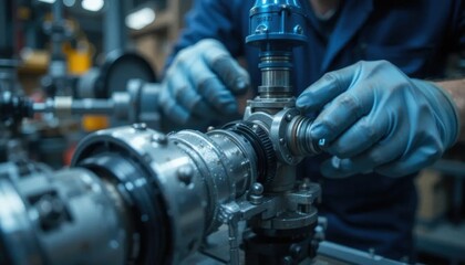 Naklejka premium Precision: Engineer Assembling Complex Metal Machinery With Gloved Hands in Workshop.