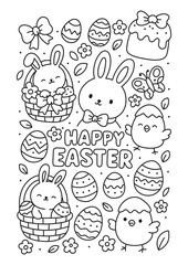 Happy Easter coloring page. Inscription. Rabbits and chickens, Easter basket with eggs, Easter bread with a bow, flowers, Easter eggs, leaves. Spring vibe.
