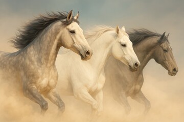 Three horses, a dapple gray, a white, and a dark gray, are galloping through a dusty landscape as the sun sets, creating a dramatic and beautiful scene